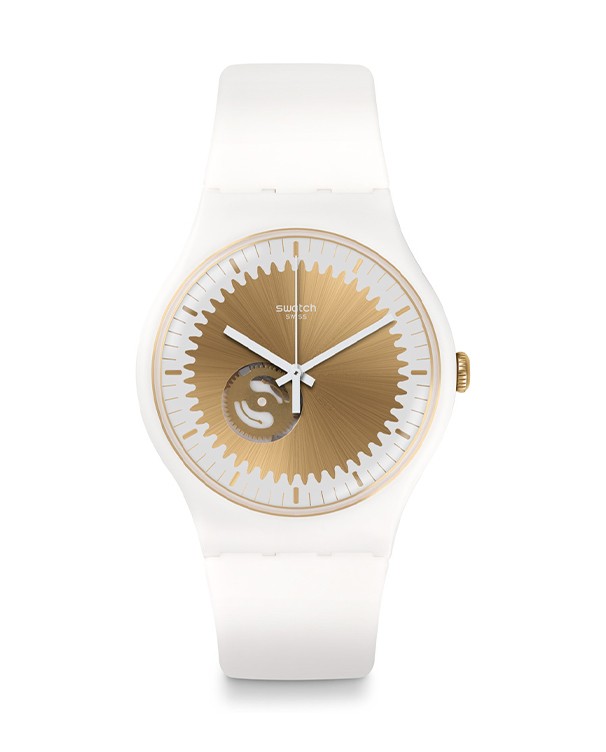 Swatch Model Gold Dial White Strap Silicone Quartz Watch