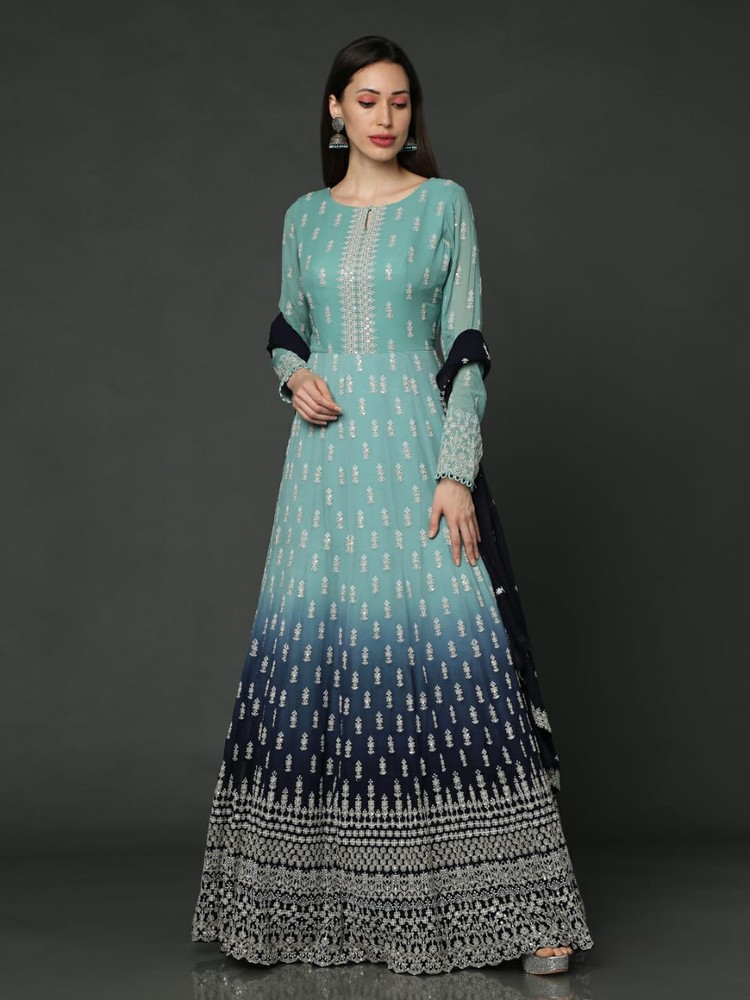 Sky Blue thread Work Long Anarkali