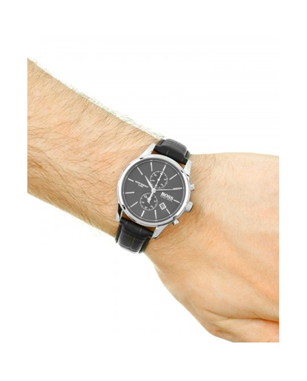 Hugo Boss Men Jet Black Chronograph Leather Strap Watch 1513279