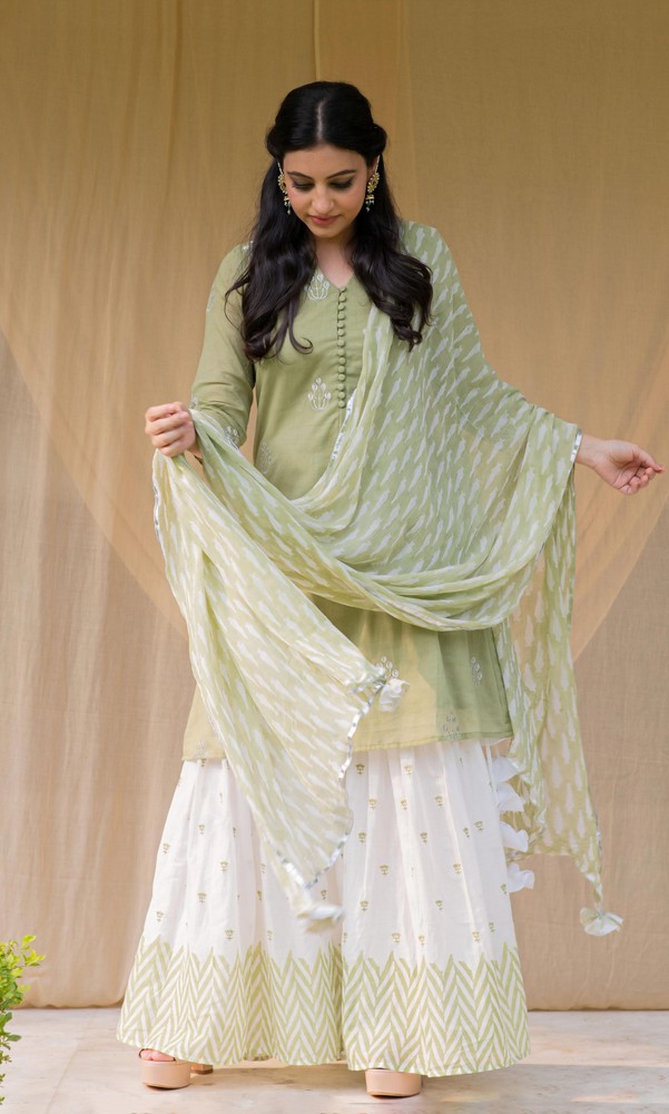 KAPRAAHA GREEN EMBROIDERED SHARARA SET