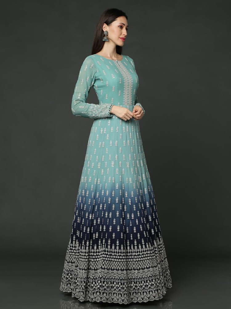 Sky Blue thread Work Long Anarkali