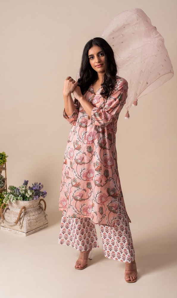 KAPRAAHA PINK FLORAL COTTON TUNIC SET