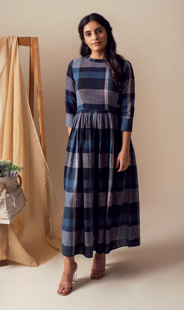 KAPRAAHA BLUE CHECKS MAXI DRESS