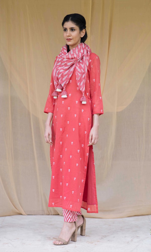 KAPRAAHA SCARLET RED COTTON TUNIC SET