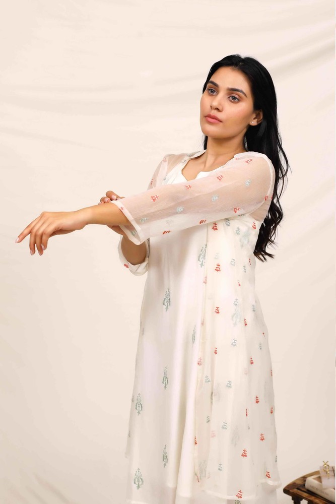 KAPRAAHA WHITE EMBROIDERED DRESS WITH CHIFFON JACKET