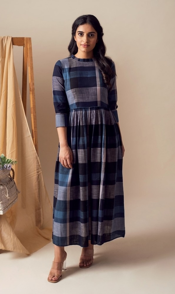 KAPRAAHA BLUE CHECKS MAXI DRESS