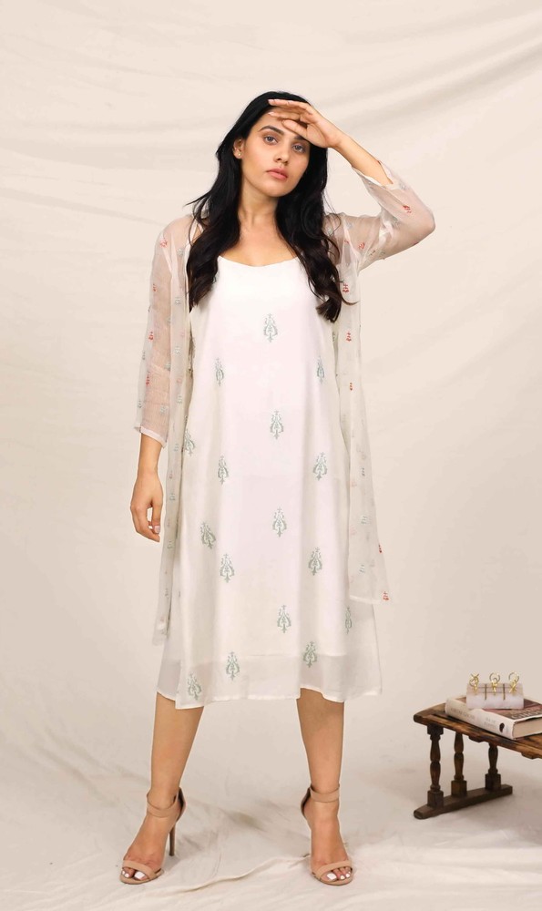 KAPRAAHA WHITE EMBROIDERED DRESS WITH CHIFFON JACKET