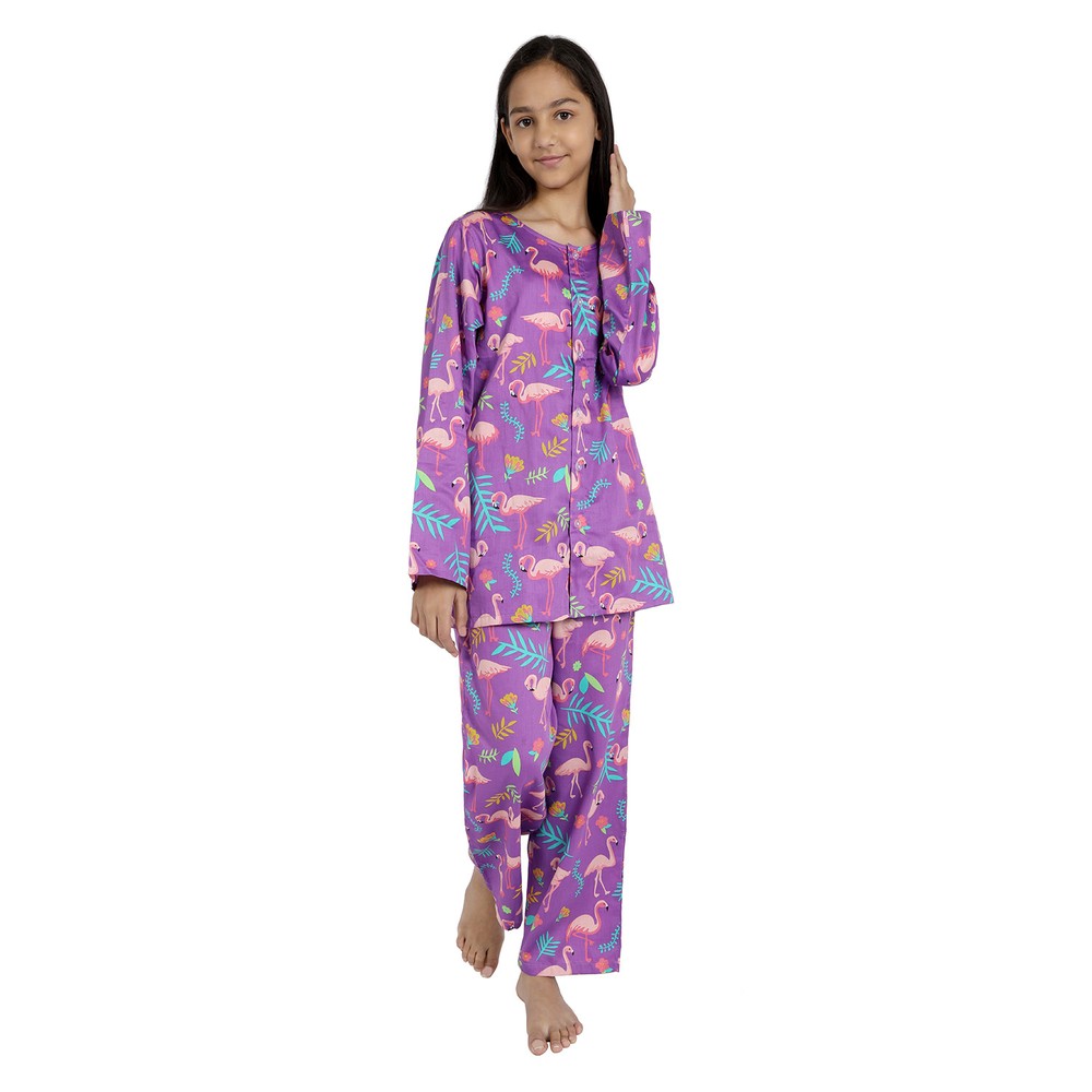 Kids-Flamingo purple Print Pure Cotton Nightsuit