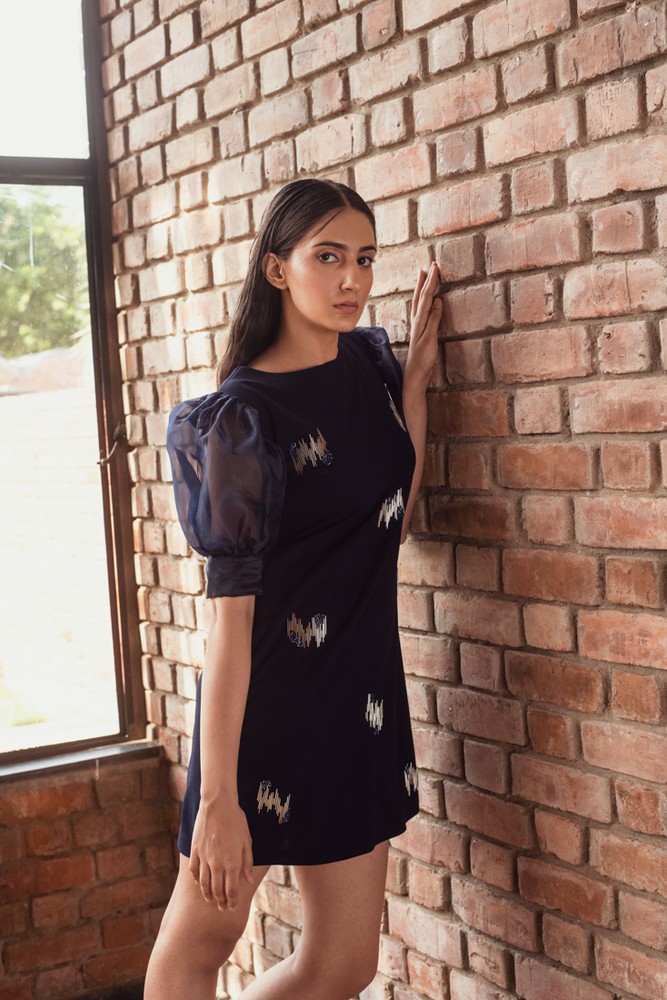 ARYA NAVY - Embellished Organza Love Dress