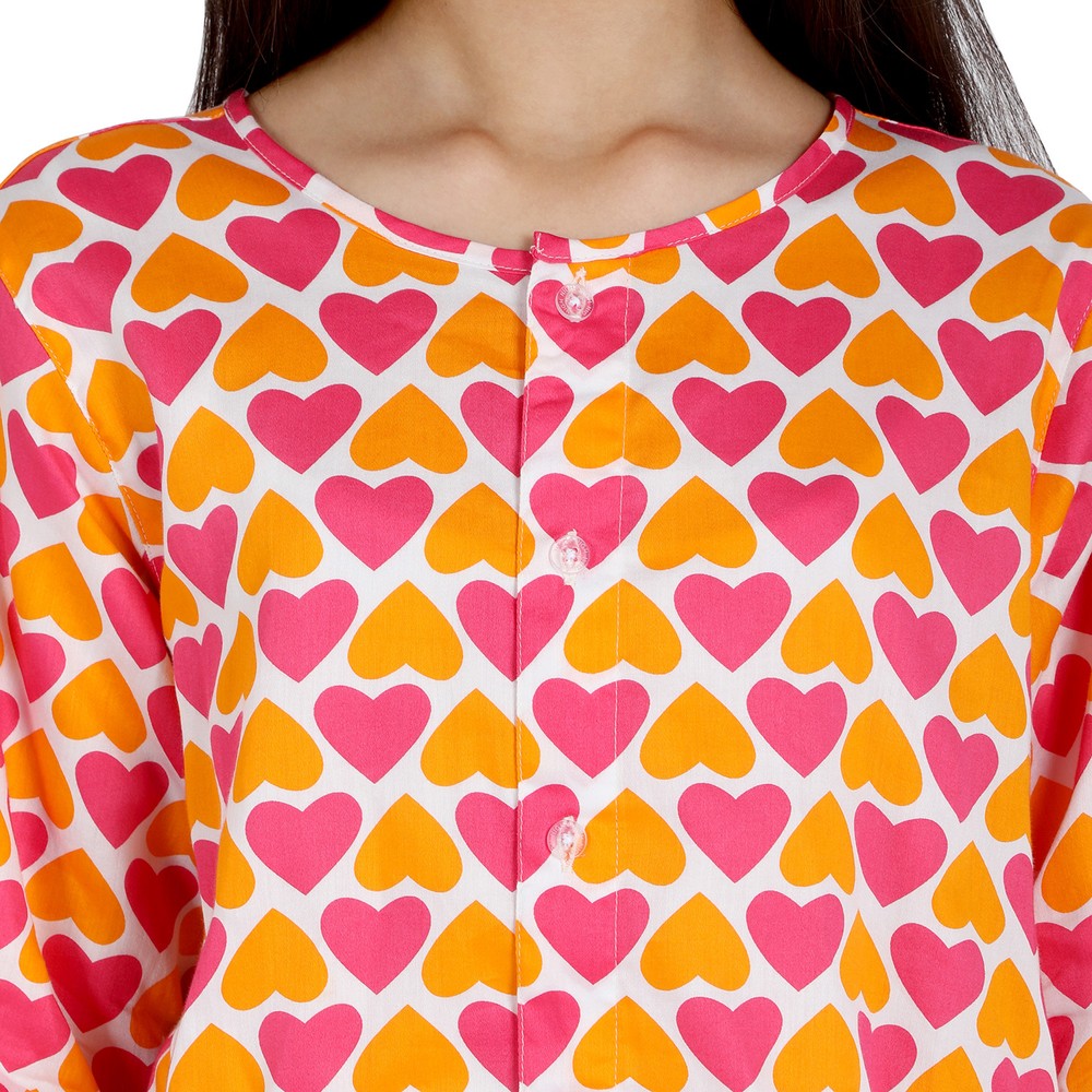 Kids- Pink Orange Hearts Print Pure Cotton Nightsuit
