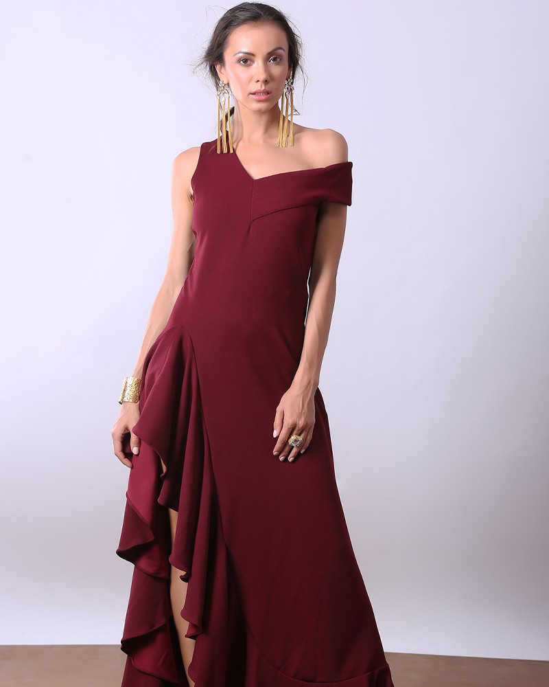 IRIS - Bardot Ruffle Front Slit Maxi