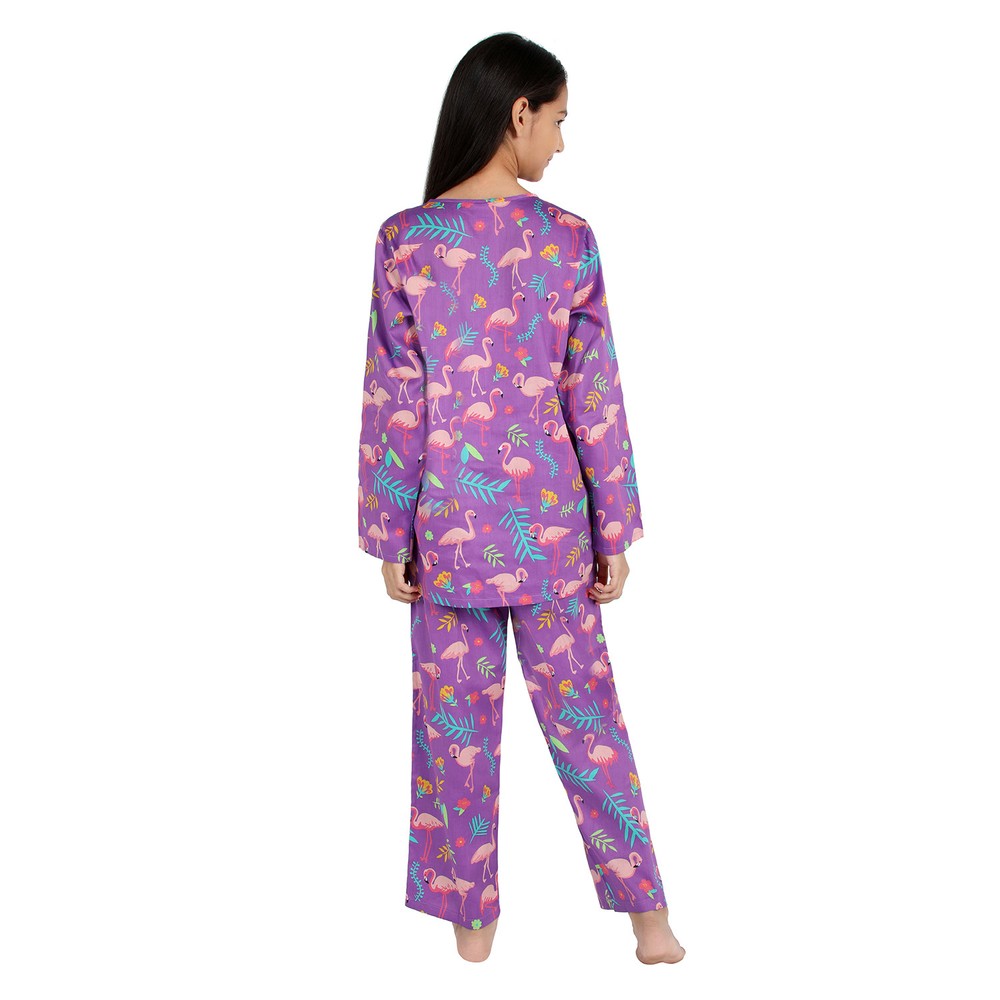 Kids-Flamingo purple Print Pure Cotton Nightsuit