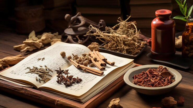 Traditional Korean hanbang medicine ingredients herbs dried on table for skincare formulation